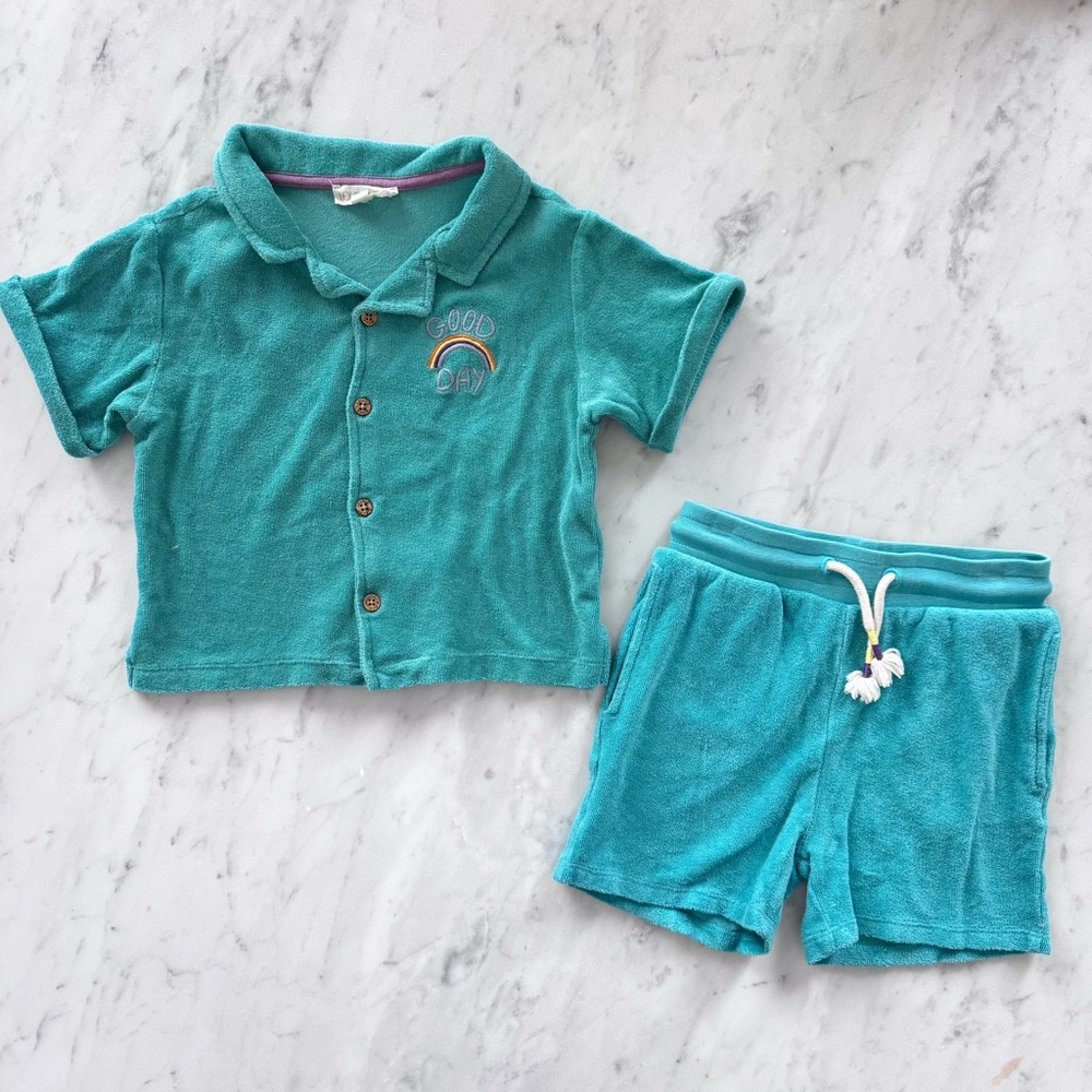 Louise Misha 4Y Toweling Set ‘Alov’ Shirt in Wave Blue and Terry ‘Jivan’ Shorts